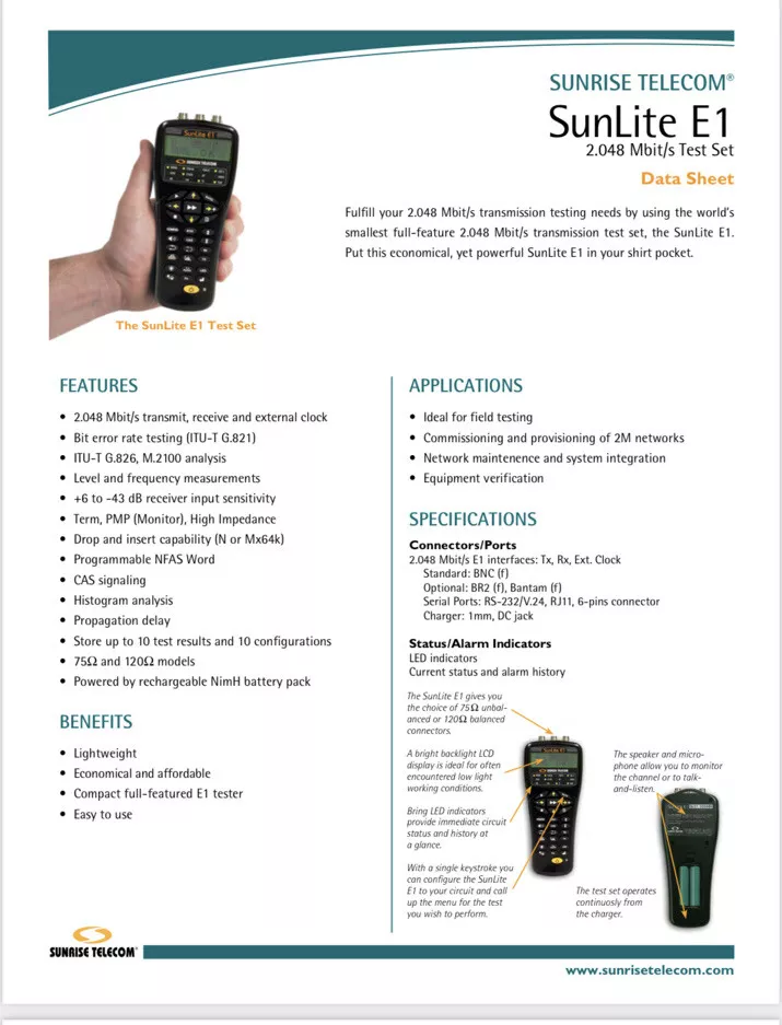 Ensemble de test de transmission Sunrise Telecom Sunlite E1 2M utilisé en excellent état - Image 11
